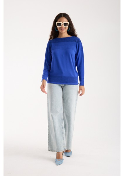 Kadın Saks Mavisi Viskon Kumaş Kayık Yaka Simli Triko Bluz