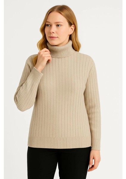 Balıkcı Yaka Bağazlı Triko Kazak Pamuklu Kalın Fitilli Dokuma - Bej