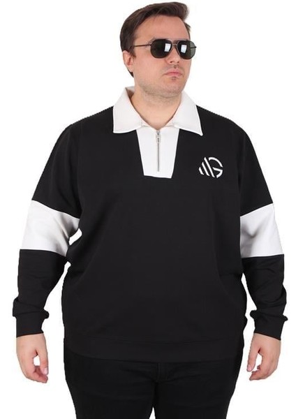Büyük Beden Polo Yaka Fermuarlı Sweat Double Face 25709 Sıyah fiyatları