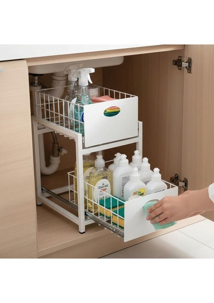 Beyaz 2 Çekmeceli Organizer Sepet – 25X42 Cm, Raylı Sistem, Çok Amaçlı Kullanım