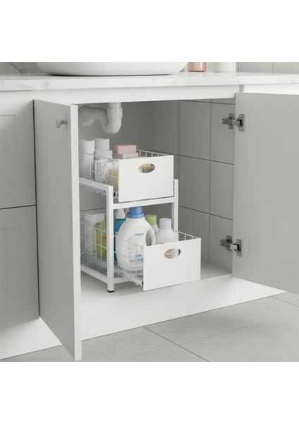 Beyaz 2 Çekmeceli Organizer Sepet – 25X42 Cm, Raylı Sistem, Çok Amaçlı Kullanım