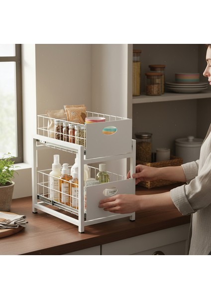 Beyaz 2 Çekmeceli Organizer Sepet – 25X42 Cm, Raylı Sistem, Çok Amaçlı Kullanım