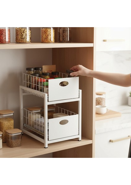 Beyaz 2 Çekmeceli Organizer Sepet – 25X42 Cm, Raylı Sistem, Çok Amaçlı Kullanım