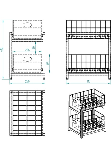 Beyaz 2 Çekmeceli Organizer Sepet – 25X42 Cm, Raylı Sistem, Çok Amaçlı Kullanım