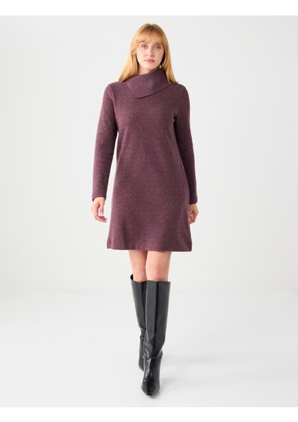 Gül Kurusu Asimetrik Yaka Yumuşak Dokulu Örme Mini Elbise