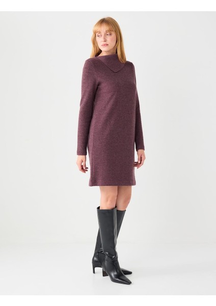 Gül Kurusu Asimetrik Yaka Yumuşak Dokulu Örme Mini Elbise modelleri