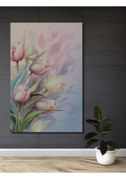 Romantik Lale Bahçesi Sulu Boya Görünümlü Dekoratif Ahşap Tablo Dikdörtgen Tablo