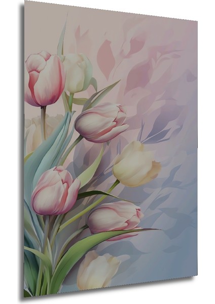 Romantik Lale Bahçesi Sulu Boya Görünümlü Dekoratif Ahşap Tablo Dikdörtgen Tablo fırsatları