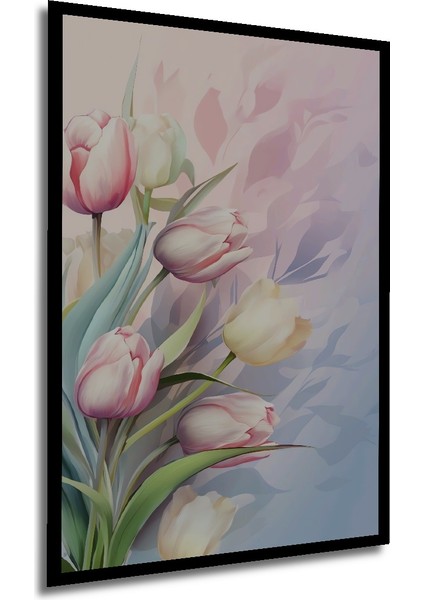 Romantik Lale Bahçesi Sulu Boya Görünümlü Dekoratif Ahşap Tablo Dikdörtgen Tablo