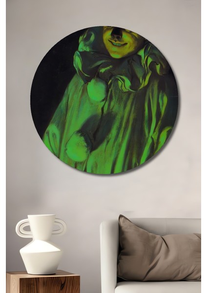 Korkunç Palyaço Yağlı Boya Görünümlü Dekoratif Ahşap Tablo Yuvarlak Tablo