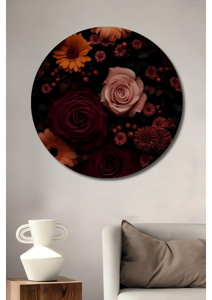 Kırmızı Gül ve Papatya Buketi Yağlı Boya Görünümlü Ahşap Dekoratif Tablo Yuvarlak Tablo