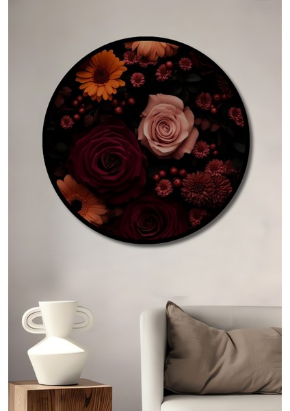 Kırmızı Gül ve Papatya Buketi Yağlı Boya Görünümlü Ahşap Dekoratif Tablo Yuvarlak Tablo fiyatları