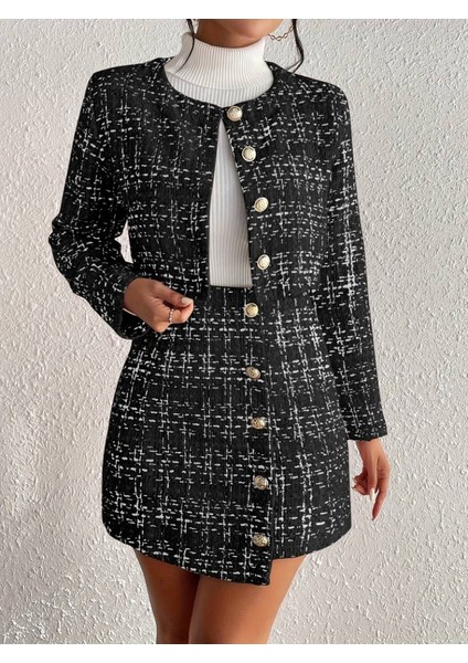 Kadın Uzun Kollu Önü Düğmeli Şanel Ceket ve Etek Takım indirimleri