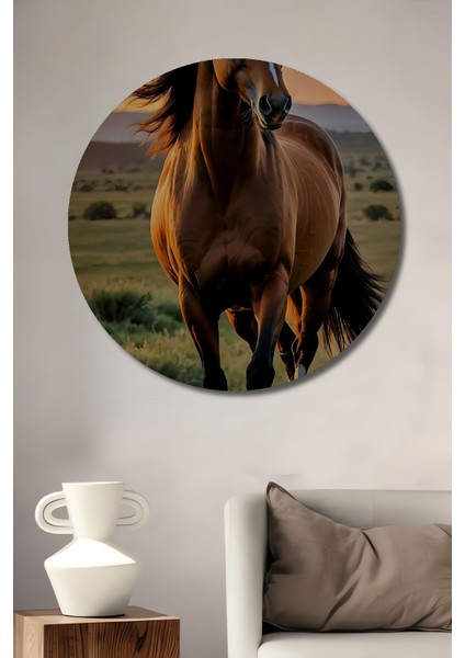 Yavuz Atın Özgürlük Koşusu Yağlı Boya Görünümlü Ahşap Dekoratif Tablo Yuvarlak Tablo