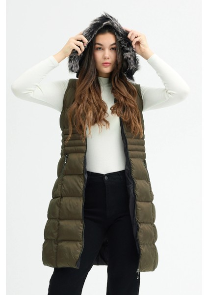 Kadın Haki Kapüşonlu Uzun Şişme Yelek