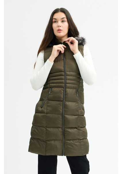 Kadın Haki Kapüşonlu Uzun Şişme Yelek fiyatları
