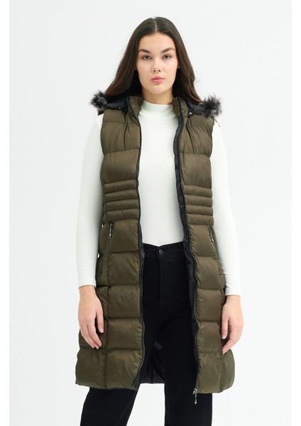 Kadın Haki Kapüşonlu Uzun Şişme Yelek indirimleri