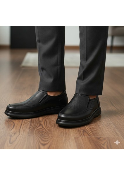 Erkek Hakiki Deri Ultra Rahat Ortapedik Taban Jelli Siyah Günlük Baba Ayakkabısı