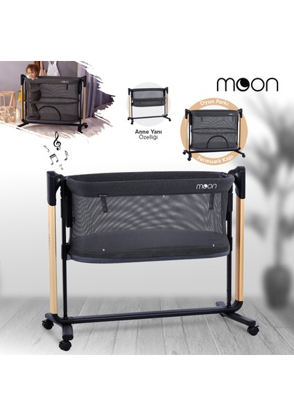 Moon Otomatik Sallanabilir Hareket Sensörlü Kumandalı Oyun Parkına Dönüşebilen Anne Yanı Elektrikli Beşik