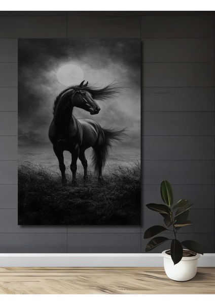 Kara Kalem Görünümlü At ve Dolunay Ahşap Dekoratif Tablo Dikdörtgen Tablo