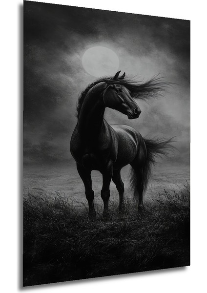 Kara Kalem Görünümlü At ve Dolunay Ahşap Dekoratif Tablo Dikdörtgen Tablo fırsatları