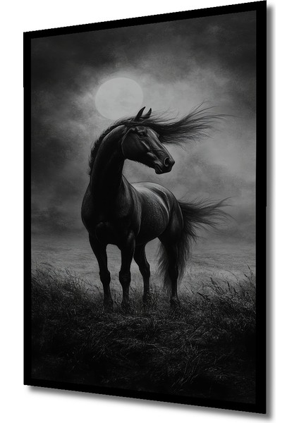 Kara Kalem Görünümlü At ve Dolunay Ahşap Dekoratif Tablo Dikdörtgen Tablo indirimleri