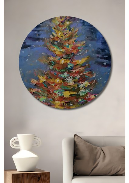 Işıltılı Yılbaşı Ağacı Yağlı Boya Görünümlü Ahşap Dekoratif Tablo Yuvarlak Tablo