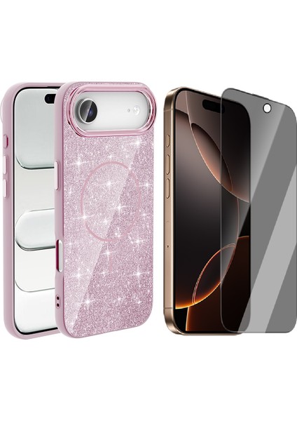 iPhone 17 Air Kılıf M-Safe Şarj Özellikli Parlayan Simli Zore Okso Kapak + Hayalet Ekran Koruyucu