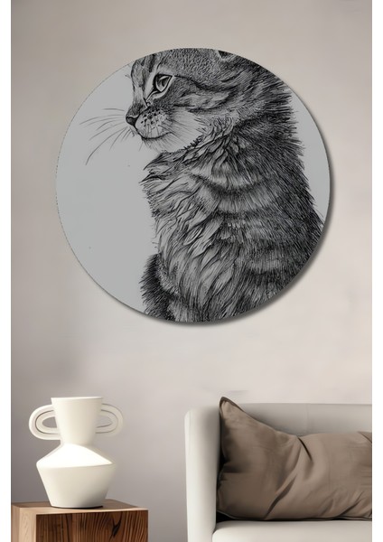 Sevimli Kedi Kara Kalem Görünümlü Dekoratif Ahşap Tablo Yuvarlak Tablo