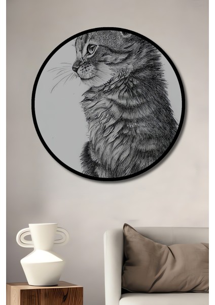 Sevimli Kedi Kara Kalem Görünümlü Dekoratif Ahşap Tablo Yuvarlak Tablo fiyatları
