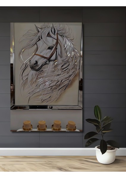 Beyaz Atın Kara Kalem Görünümlü Ahşap Dekoratif Tablosu Dikdörtgen Tablo