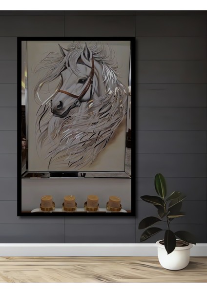 Beyaz Atın Kara Kalem Görünümlü Ahşap Dekoratif Tablosu Dikdörtgen Tablo fiyatları