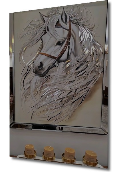 Beyaz Atın Kara Kalem Görünümlü Ahşap Dekoratif Tablosu Dikdörtgen Tablo modelleri