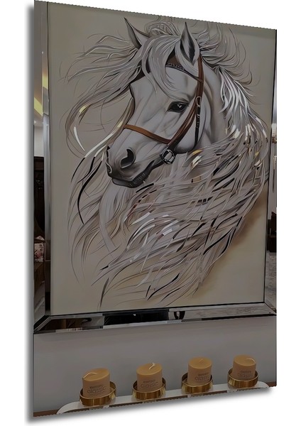 Beyaz Atın Kara Kalem Görünümlü Ahşap Dekoratif Tablosu Dikdörtgen Tablo fırsatları