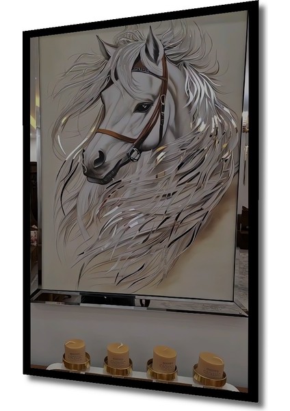Beyaz Atın Kara Kalem Görünümlü Ahşap Dekoratif Tablosu Dikdörtgen Tablo indirimleri