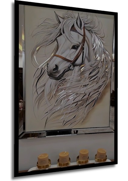 Beyaz Atın Kara Kalem Görünümlü Ahşap Dekoratif Tablosu Dikdörtgen Tablo