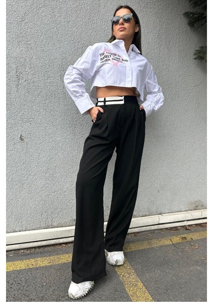 Beyaz Kalp-Slogan Baskılı Crop Gömlek