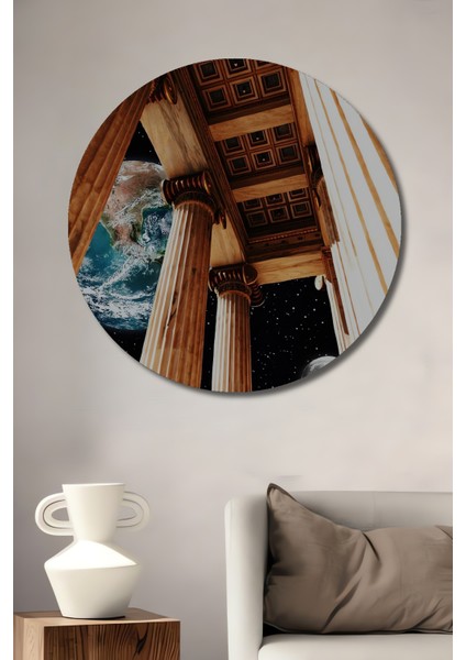 Antik Dünya ve Sonsuzluk Yağlı Boya Görünümlü Ahşap Dekoratif Tablo Yuvarlak Tablo