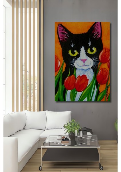 Sevimli Kedi ve Kırmızı Lale Yağlı Boya Görünümlü Ahşap Dekoratif Tablo Dikdörtgen Tablo