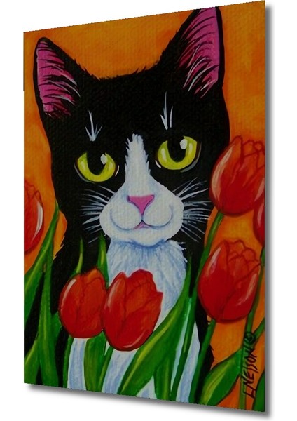 Sevimli Kedi ve Kırmızı Lale Yağlı Boya Görünümlü Ahşap Dekoratif Tablo Dikdörtgen Tablo modelleri