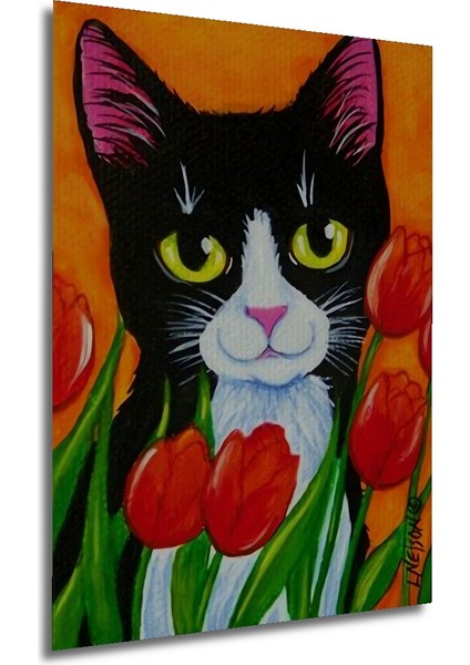 Sevimli Kedi ve Kırmızı Lale Yağlı Boya Görünümlü Ahşap Dekoratif Tablo Dikdörtgen Tablo fırsatları