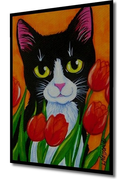 Sevimli Kedi ve Kırmızı Lale Yağlı Boya Görünümlü Ahşap Dekoratif Tablo Dikdörtgen Tablo indirimleri