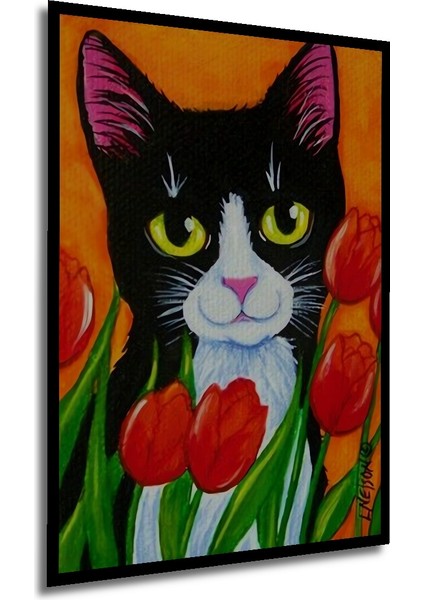 Sevimli Kedi ve Kırmızı Lale Yağlı Boya Görünümlü Ahşap Dekoratif Tablo Dikdörtgen Tablo