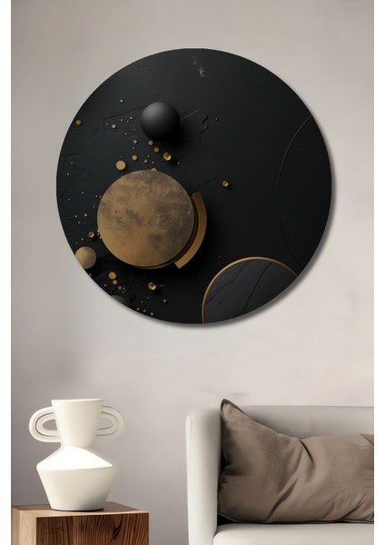 Altın Varaklı Modern Soyut Geometrik Ahşap Dekoratif Tablo Yuvarlak Tablo