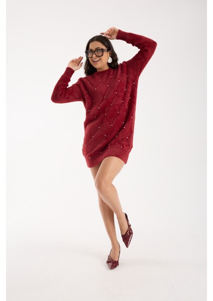 Kadın Bordo Sakal Iplik Taş Detaylı Bisiklet Yaka Triko Kazak