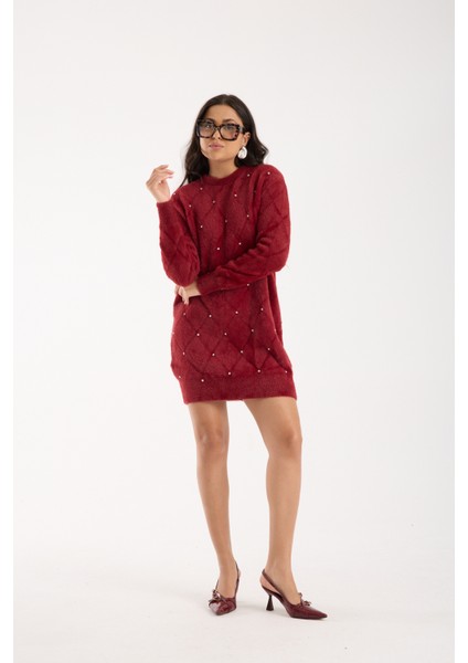 Kadın Bordo Sakal Iplik Taş Detaylı Bisiklet Yaka Triko Kazak fiyatları