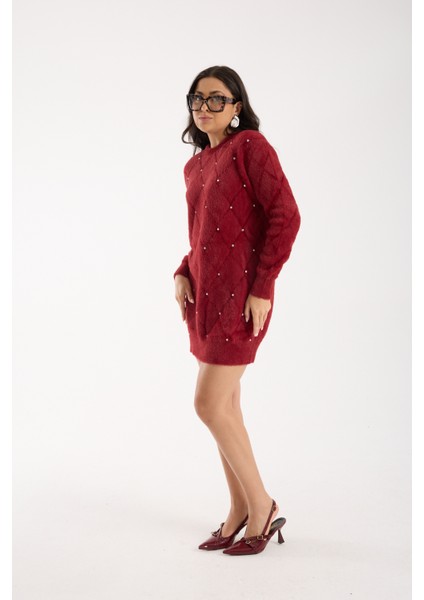 Kadın Bordo Sakal Iplik Taş Detaylı Bisiklet Yaka Triko Kazak modelleri