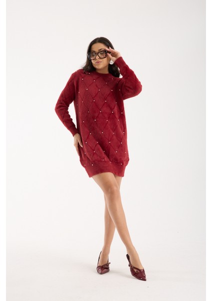 Kadın Bordo Sakal Iplik Taş Detaylı Bisiklet Yaka Triko Kazak fırsatları