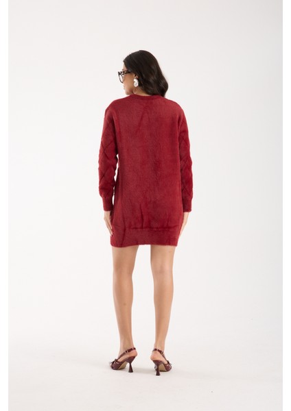 Kadın Bordo Sakal Iplik Taş Detaylı Bisiklet Yaka Triko Kazak indirimleri