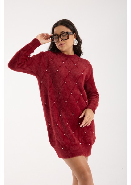 Kadın Bordo Sakal Iplik Taş Detaylı Bisiklet Yaka Triko Kazak